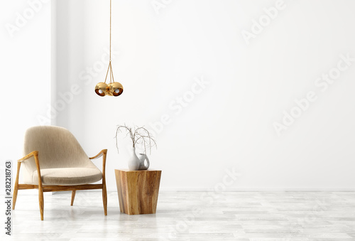 Fototapeta Naklejka Na Ścianę i Meble -  Interior background of living room with beige armchair and wooden coffee table 3d rendering