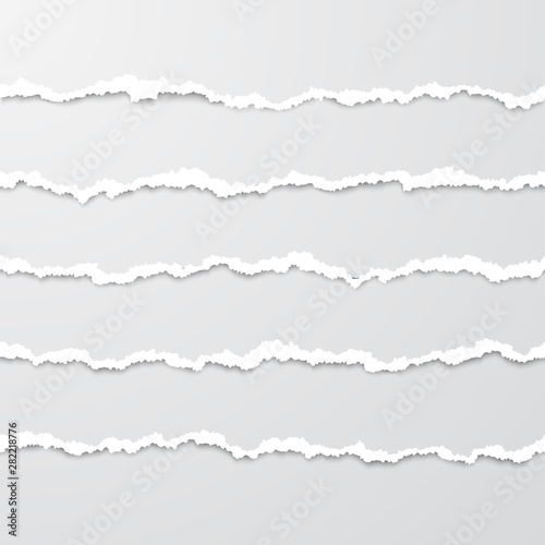 Set of horizontal seamless torn paper stripes with shadow. Paper texture with damaged edge. Tear paper borders. Vector illustration