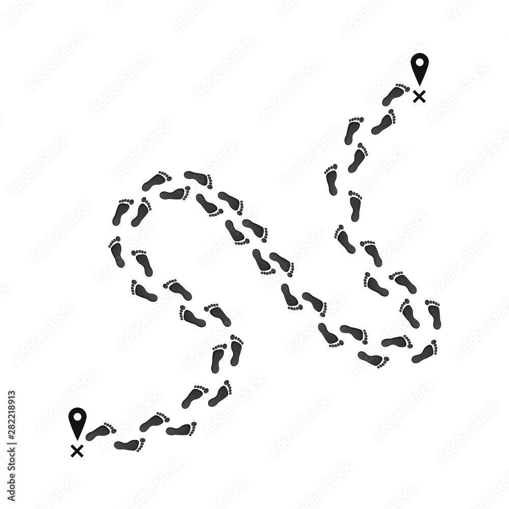 Footprint trail from start point to finish pin. Black print of route on map. vector illustration isolated on white background Footprint trail from start point to finish pin. Black print of route on map. vector illustration isolated on white background