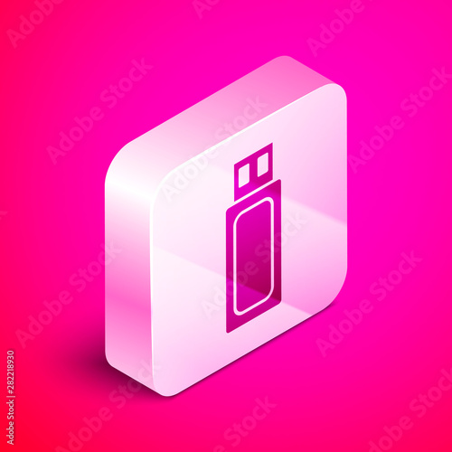 Isometric USB flash drive icon isolated on pink background. Silver square button. Vector Illustration