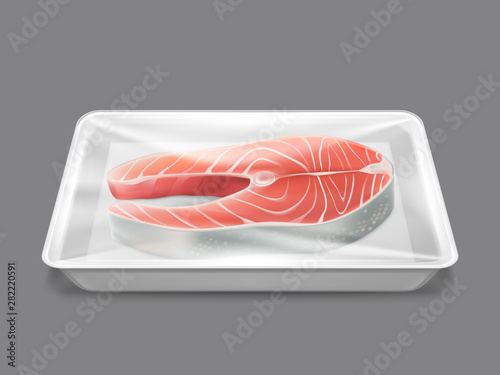 Raw fish in plastic package, fresh salmon steak in food container isolated on grey background. Trout fillet for cooking, seafood product, design element for menu or ad Realistic 3d vector illustration