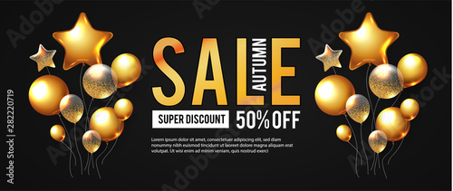Autumn Sale. Luxurious advertising banner with golden foil balloons and season falling leaves.