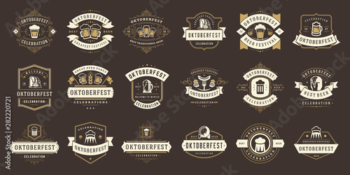 Oktoberfest badges and labels set vintage typographic design templates vector illustration.