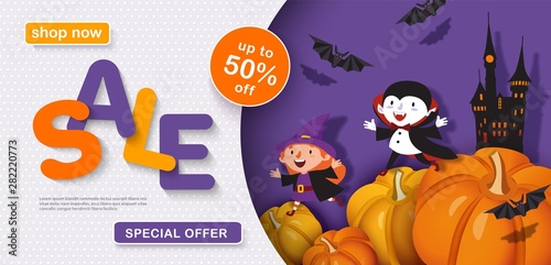 Halloween sale design. Horizontal 3d banner. Vampire  witch  pumpkin  bat  castle. Festive advertising background. Vector illustration