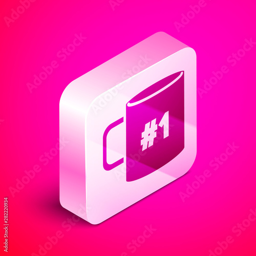 Isometric Coffee cup flat icon isolated on pink background. Tea cup. Hot drink coffee. Silver square button. Vector Illustration