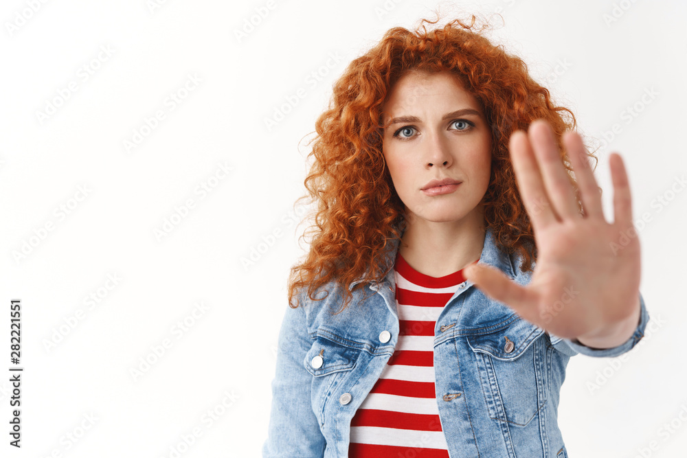 No way not my watch. Serious-looking displeased gloomy redhead curly-haired woman stretch palm camera taboo forbid gesture demanding stop prohibit bad choice, give restriction white background No way not my watch. Serious-looking displeased gloomy redhead curly-haired woman stretch palm camera taboo forbid gesture demanding stop prohibit bad choice, give restriction white background