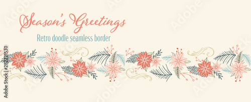 Vector winter foliage and poinsettia seamless border holiday seasons greetings.