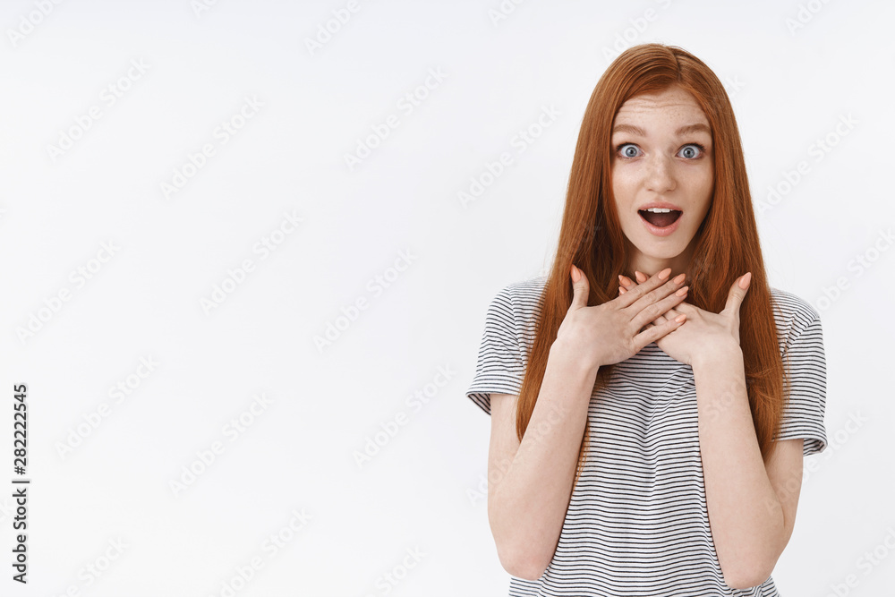 Surprised glad charming young tender ginger girl blue eyes gasping open mouth amazed touch chest palms thankful look grateful camera receive cute heartwarming gift unexpectedly Surprised glad charming young tender ginger girl blue eyes gasping open mouth amazed touch chest palms thankful look grateful camera receive cute heartwarming gift unexpectedly