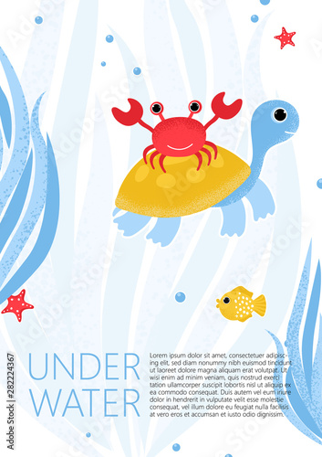 Underwater banner with fishes, crab, turtle
