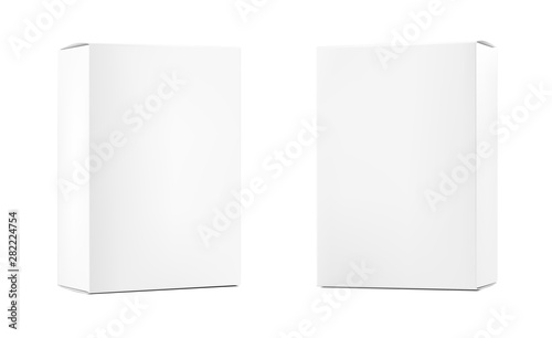 Realistic blank cardboard packaging boxes mock up. Vector illustration isolated on white background. Can be use for medicine, food, cosmetic and other. Ready for your design. EPS10.