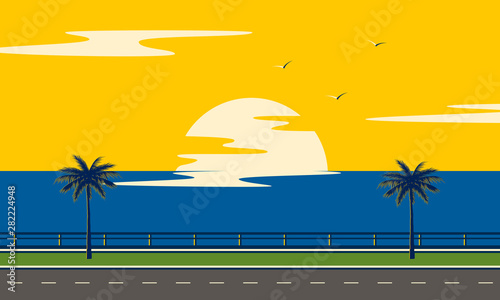 Trip on road to sea. Sunset summer tropical beach with palm trees and sea. Nature landscape and seascape. 
