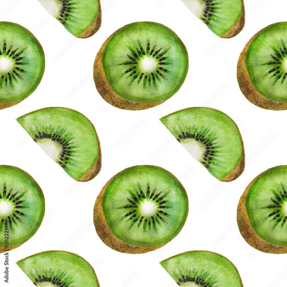 Fototapeta premium Kiwi fruit pattern Watercolor illustration Tropics food Digital paper Textile texture set Summer Botanical Spring Decoration Design Wallpaper on the wall Scrapbooking Postcard