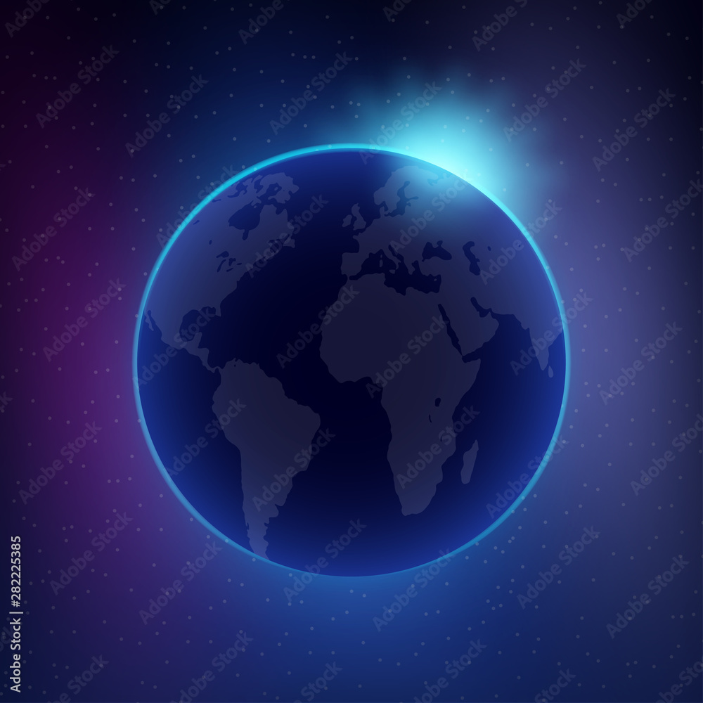 Dawn from space. Dawn from space. Rising sun behind the earth. Vector stock illustration. Dawn from space. Dawn from space. Rising sun behind the earth. Vector stock illustration.