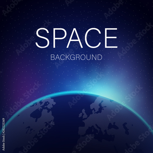 Dawn from space. Dawn from space. Rising sun behind the earth. Vector stock illustration.