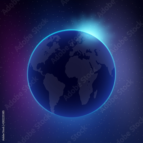 Dawn from space. Dawn from space. Rising sun behind the earth. Vector stock illustration.