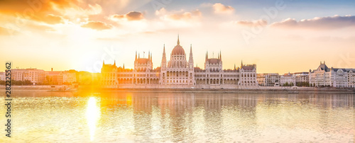 Parliament building over delta of Danube river in Budapest