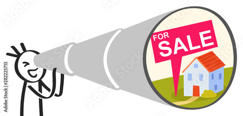 Buying a house, stick man looking at house for sale through giant telescope