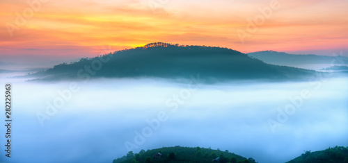 Dawn on the mountain plateau mist covered valley in Da Lat, Vietnam. All create wonderful views in the morning of the beautiful new day