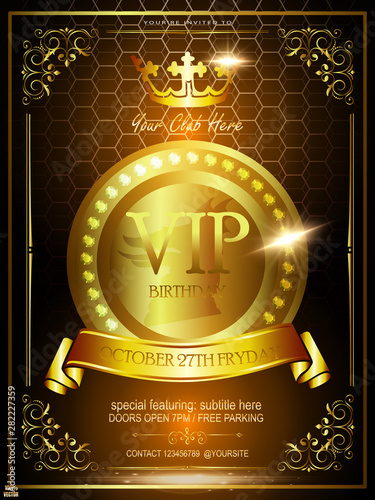 Luxury Vip anniversary or birthday Award Logo Vector Design. Gold lettering, golden ribbon isolated on geometric honeycomb background. Luxury vector Template Logo EPS 10 for celebration, invitation.