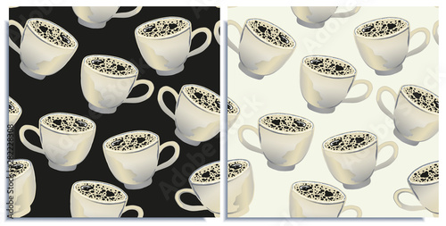 Vector set of seamless patterns with wonderful coffee with froth, cappuccino, latte, tasty. Hand-drawn in graphic and real-style at the same time. Porcelain cup light pearl color. Good wrap, cover