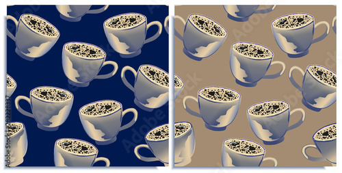 Vector set of seamless patterns with wonderful coffee with froth, cappuccino, latte, tasty. Hand-drawn in graphic and real-style at the same time. Colorful: brown, blue. Good wrap, background