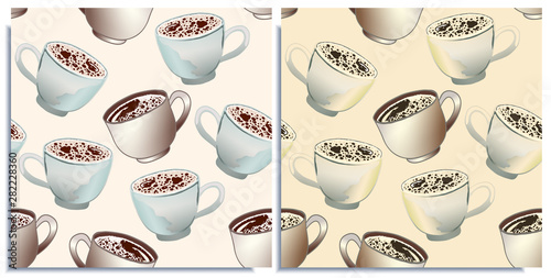 Vector set of seamless patterns with wonderful coffee with froth, cappuccino, latte, tasty. Hand-drawn in graphic and real-style at the same time. Colorful: brown, beige. Good wrap, background