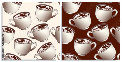 Vector set of seamless patterns with wonderful coffee with froth, cappuccino, latte, tasty. Hand-drawn in graphic and real-style at the same time. Colorful: brown, beige. Good wrap, background