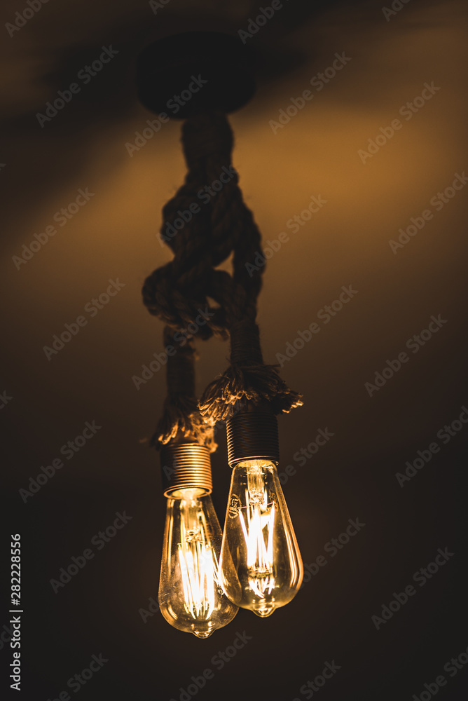 Dark and moody Vintage style lamp with two lightbulbs hanging on a thick rope  looking antique 