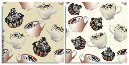 Vector set of seamless patterns with wonderful cupcakes and coffee with froth, cappuccino, latte, tasty. Hand-drawn in graphic and real-style at the same time. Porcelain cup pearl color.