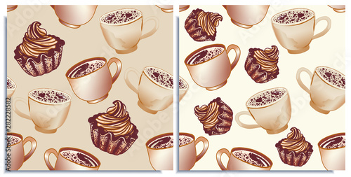 Vector set of seamless patterns with wonderful cupcakes and coffee with froth, cappuccino, latte, tasty. Hand-drawn in graphic and real-style at the same time. Porcelain cup pearl red color. Wrap
