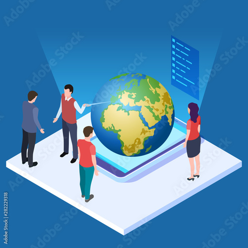 Lecture about earth vector illustration. Save the planet isometric concept. Planet globe, meeting eco presentation, news save earth
