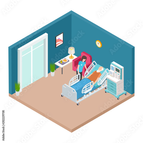 Hospital ward, resuscitation interior vector. Isometric nurse caring for older man. Illustration of medical care hospital, patient healthcare in ward
