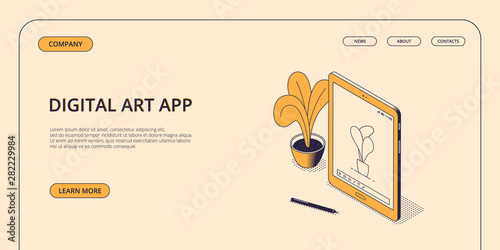 Isometric digital art application concept on web page template.