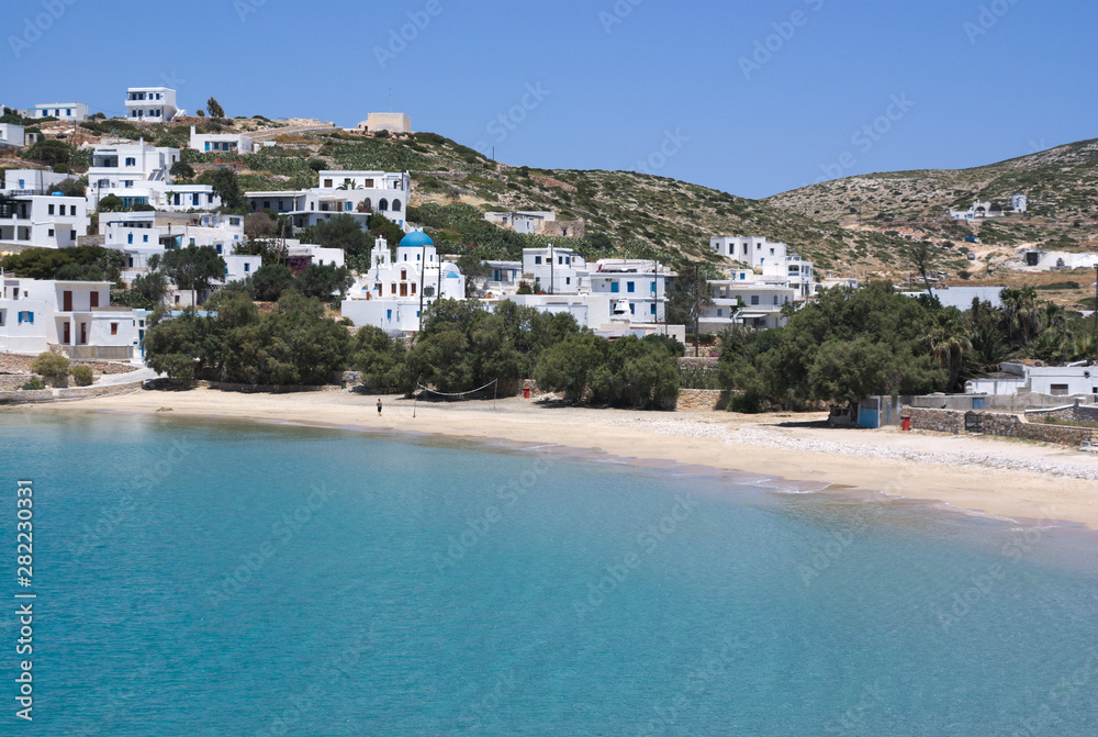 Greece, the quiet and secluded island of Donoussa.  A difficult to get to destination, but well worth the effort. A view of the peaceful and beautiful town beach on a spring day.