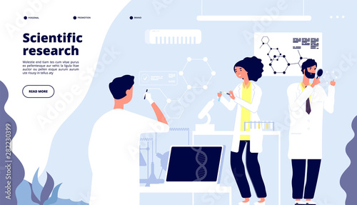 Scientific research landing. Scientists in pharmaceutical drug laboratory, researchers in lab with nano elements. Medical vector page. Illustration of research scientist, science lab experiment