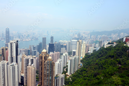 Viele from Victoria Peak over Hong Kong and harbor with smog