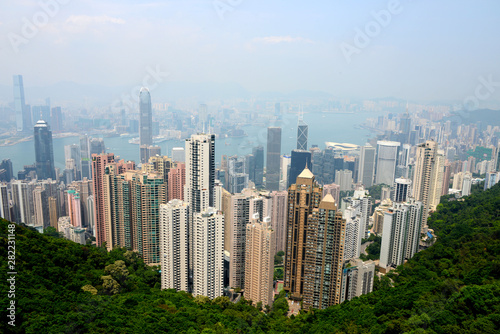 Viele from Victoria Peak over Hong Kong and harbor with smog