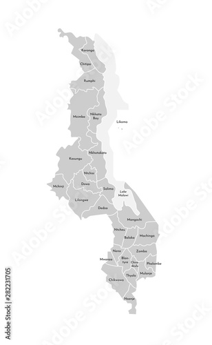 Vector isolated illustration of simplified administrative map of Malawi. Borders and names of the districts (regions). Grey silhouettes. White outline photo