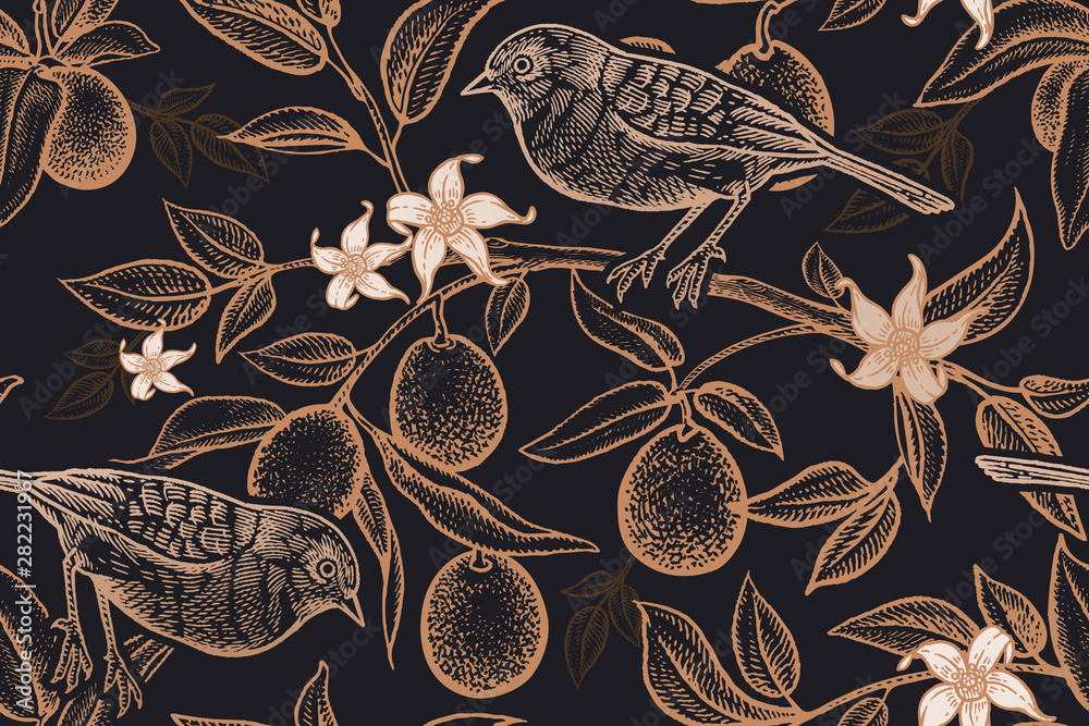 Fototapeta Seamless pattern with plants and birds. Bird on a branch of citrus tree.
