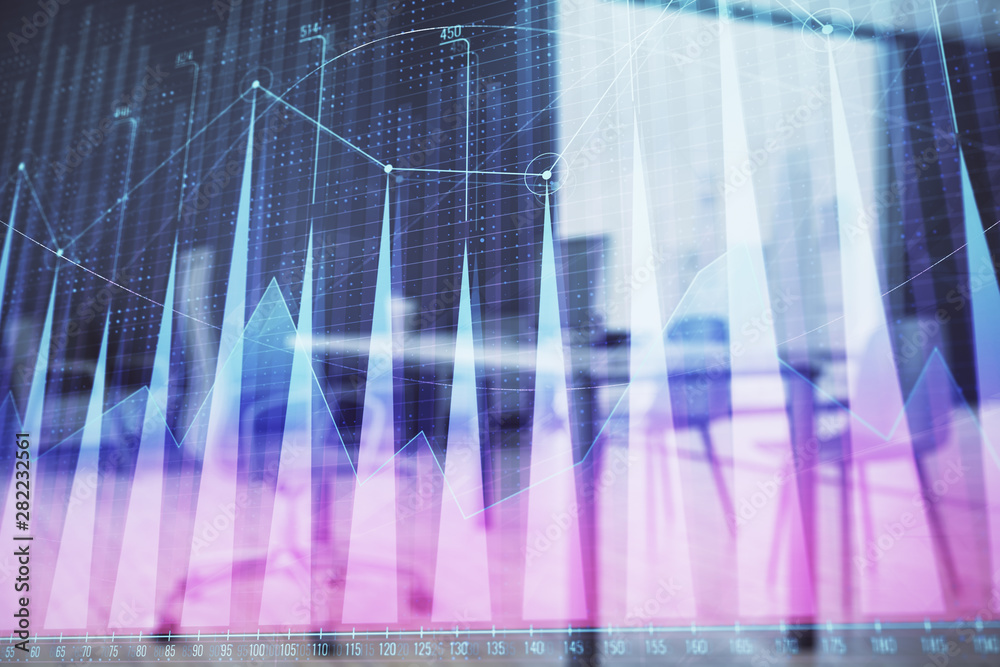 Business theme graph hologram with minimalistic cabinet interior background. Double exposure. Stock market concept. Business theme graph hologram with minimalistic cabinet interior background. Double exposure. Stock market concept.