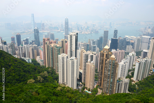 Viele from Victoria Peak over Hong Kong and harbor with smog