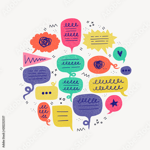 Hand drawn comic bubbles with doodles in a circle