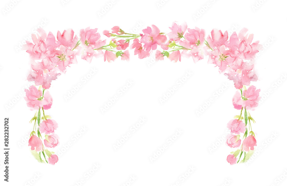 Pink abstract floral watercolor rectangular wreath with pastel color flowers and leaves hand painted in square corner arrangement for greeting text wedding card logo design isolated on white 