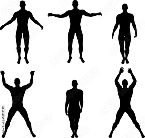 Set of silhouette sport man jumping up with arms up