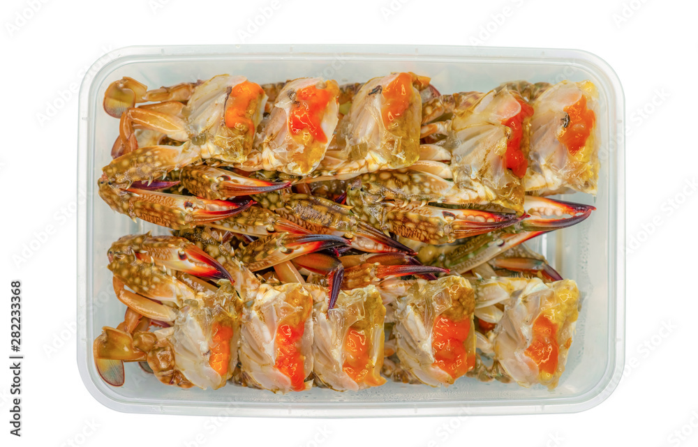 Pickled crab eggs in fish sauce pack in plastic box for delivery. Seafood delivery business. Exotic menu in Thailand. Pickled crab eggs in disposable plastic container isolated. Sea food industry. Pickled crab eggs in fish sauce pack in plastic box for delivery. Seafood delivery business. Exotic menu in Thailand. Pickled crab eggs in disposable plastic container isolated. Sea food industry.