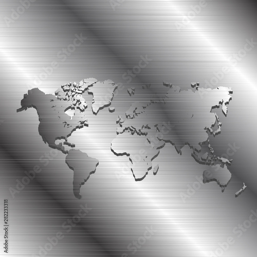 Brushed Metal Emblem 3d World Map with Outlined Continents