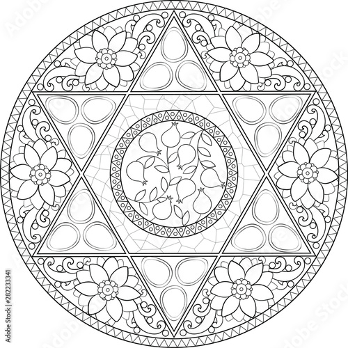 Jewish Star in mandala. Coloring page