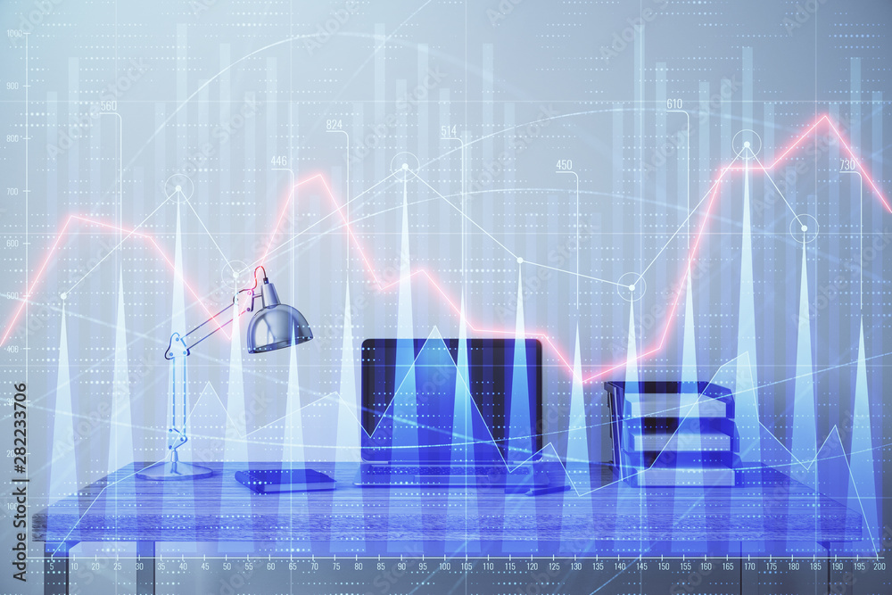 Stock market chart and desktop office computer background. Multi exposure. Concept of financial analysis. Stock market chart and desktop office computer background. Multi exposure. Concept of financial analysis.