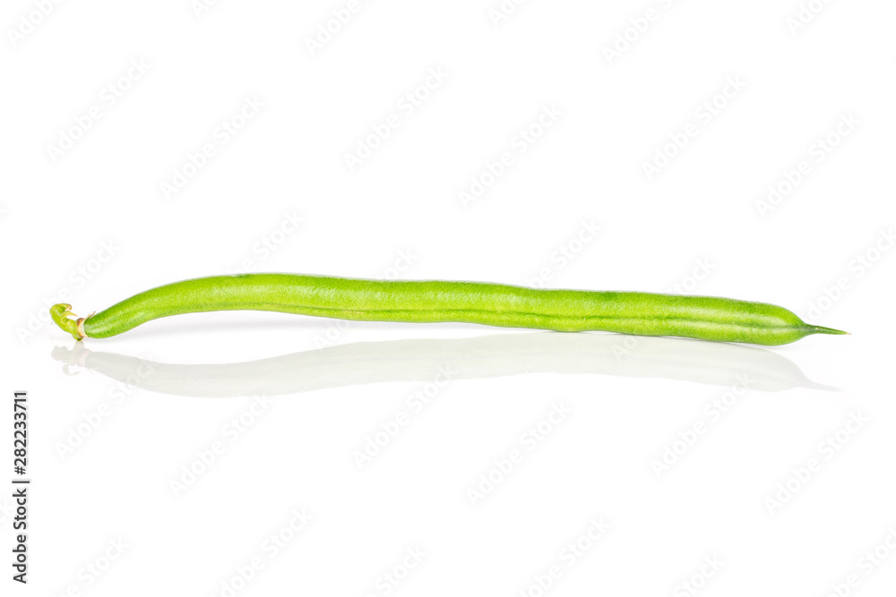 One whole curved fresh green bean isolated on white background One whole curved fresh green bean isolated on white background