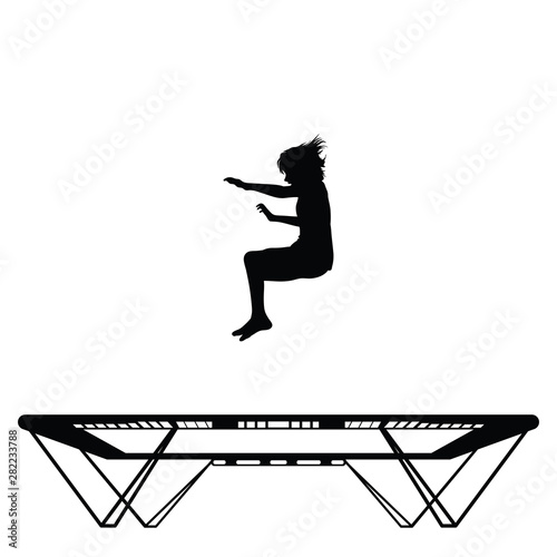 A little girl is jumping on a trampoline, contour, black and white